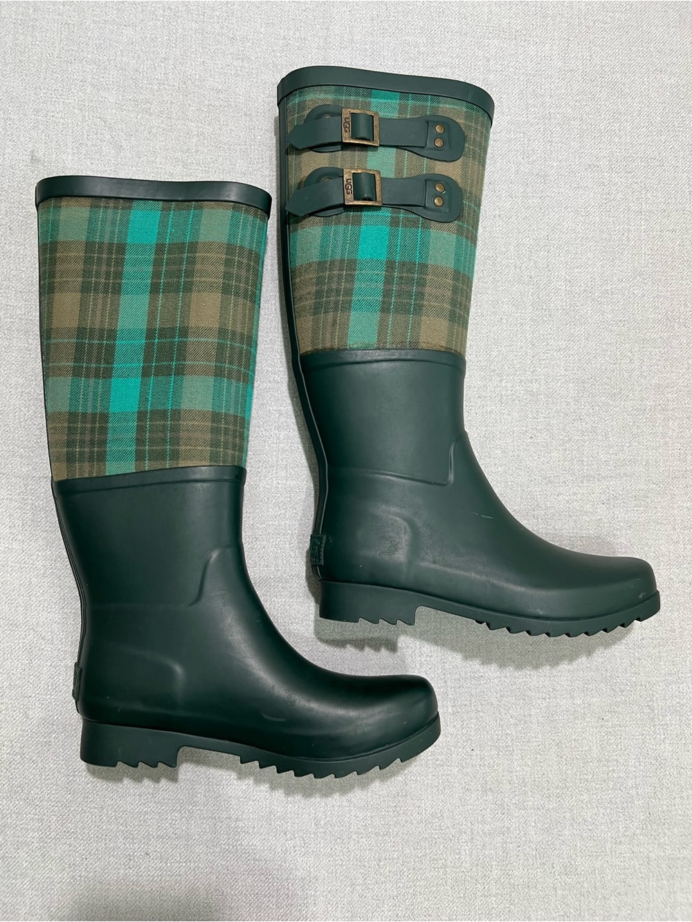 UGG Green Plaid Tall Rain Boots with Buckle Detail W5